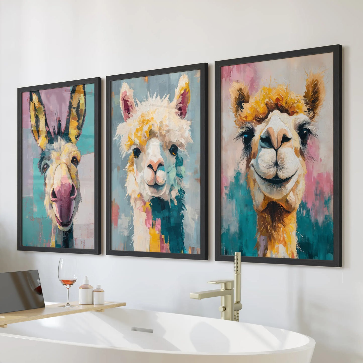 Camel, donkey, and llama trio wall art set of three in black frames adds a playful splash above the soaking tub in a light, spa-like bathroom.