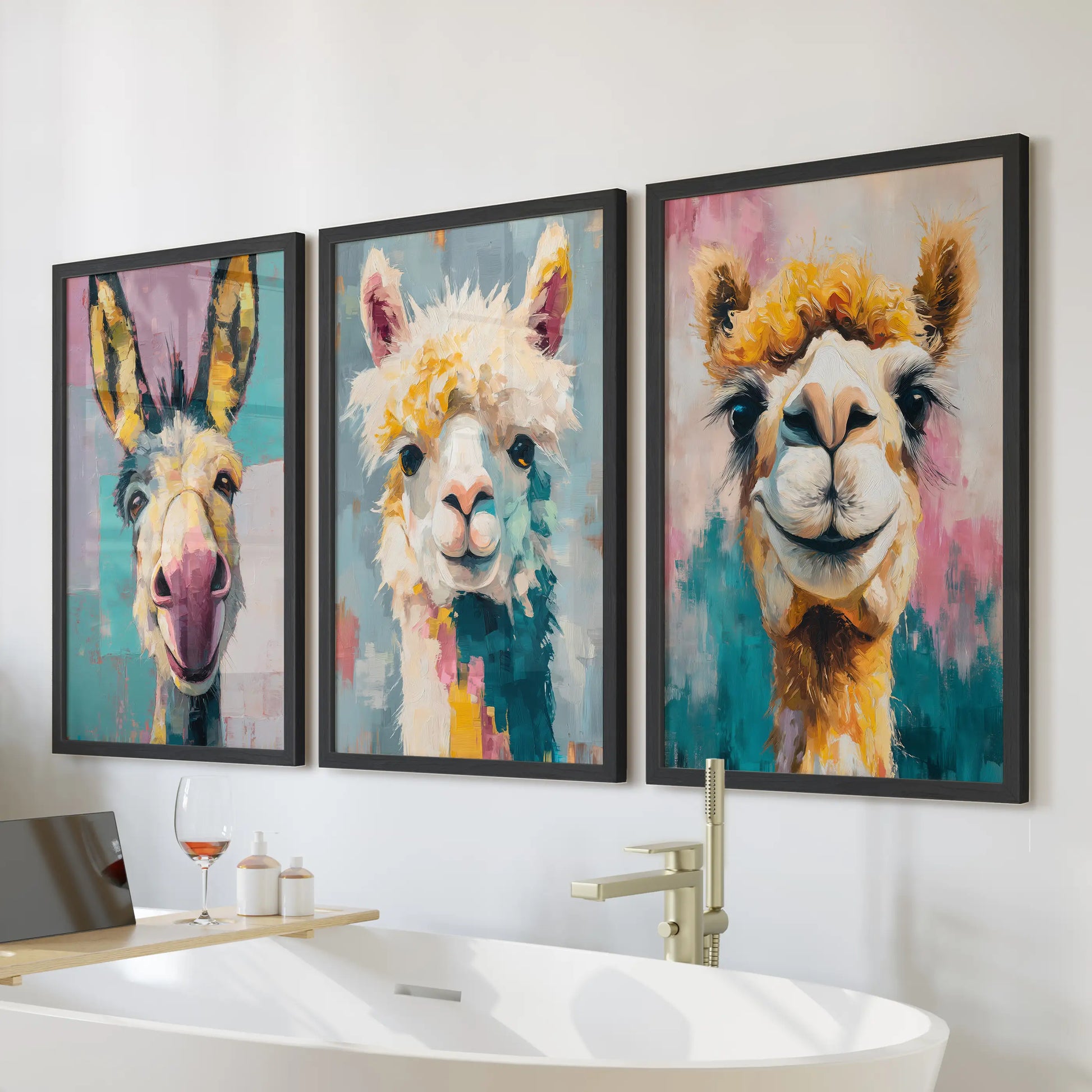 Camel, donkey, and llama trio wall art set of three in black frames adds a playful splash above the soaking tub in a light, spa-like bathroom.
