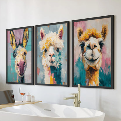 Camel, donkey, and llama trio wall art set of three in black frames adds a playful splash above the soaking tub in a light, spa-like bathroom.
