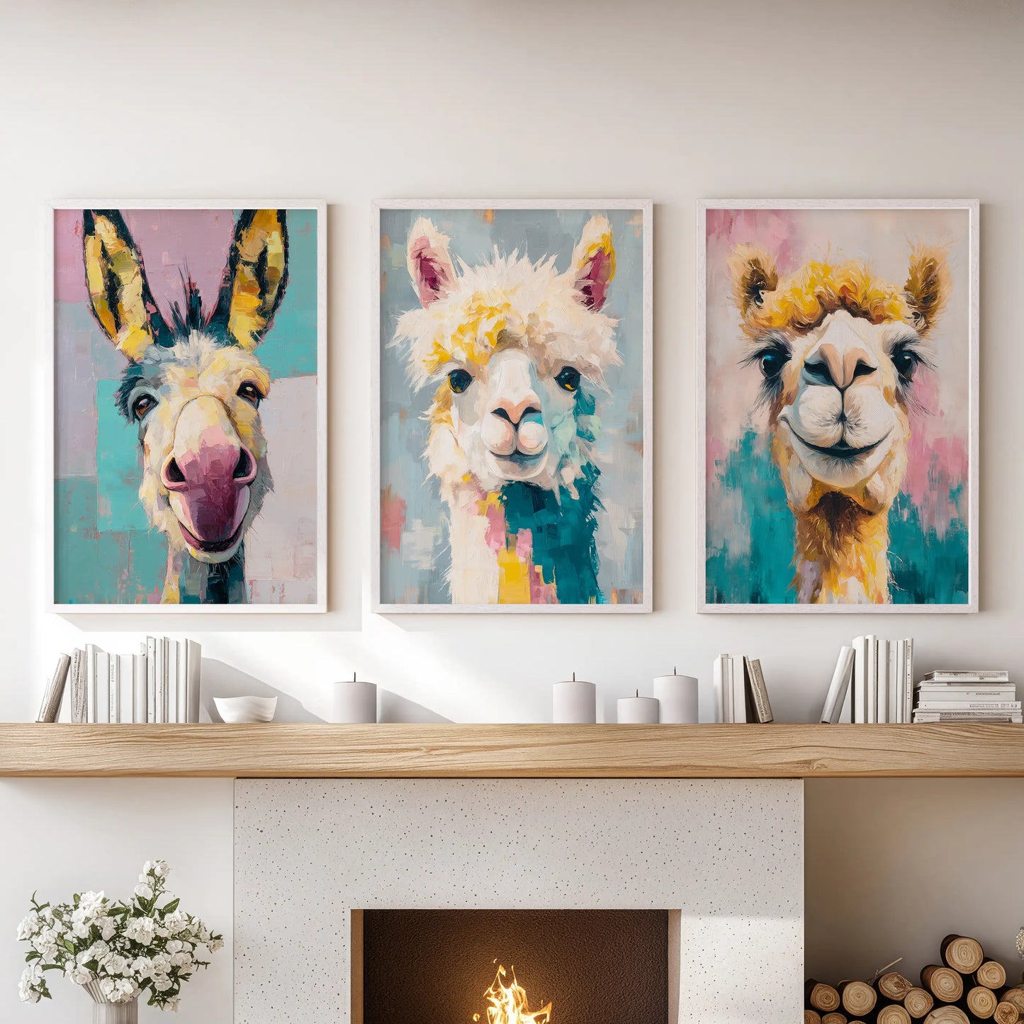 Colorful camel prints three-piece wall art set in a clean white frame rests over the fireplace, lending playful warmth to the family room.