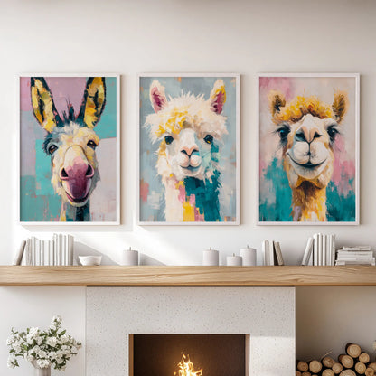Colorful camel prints three-piece wall art set in a clean white frame rests over the fireplace, lending playful warmth to the family room.