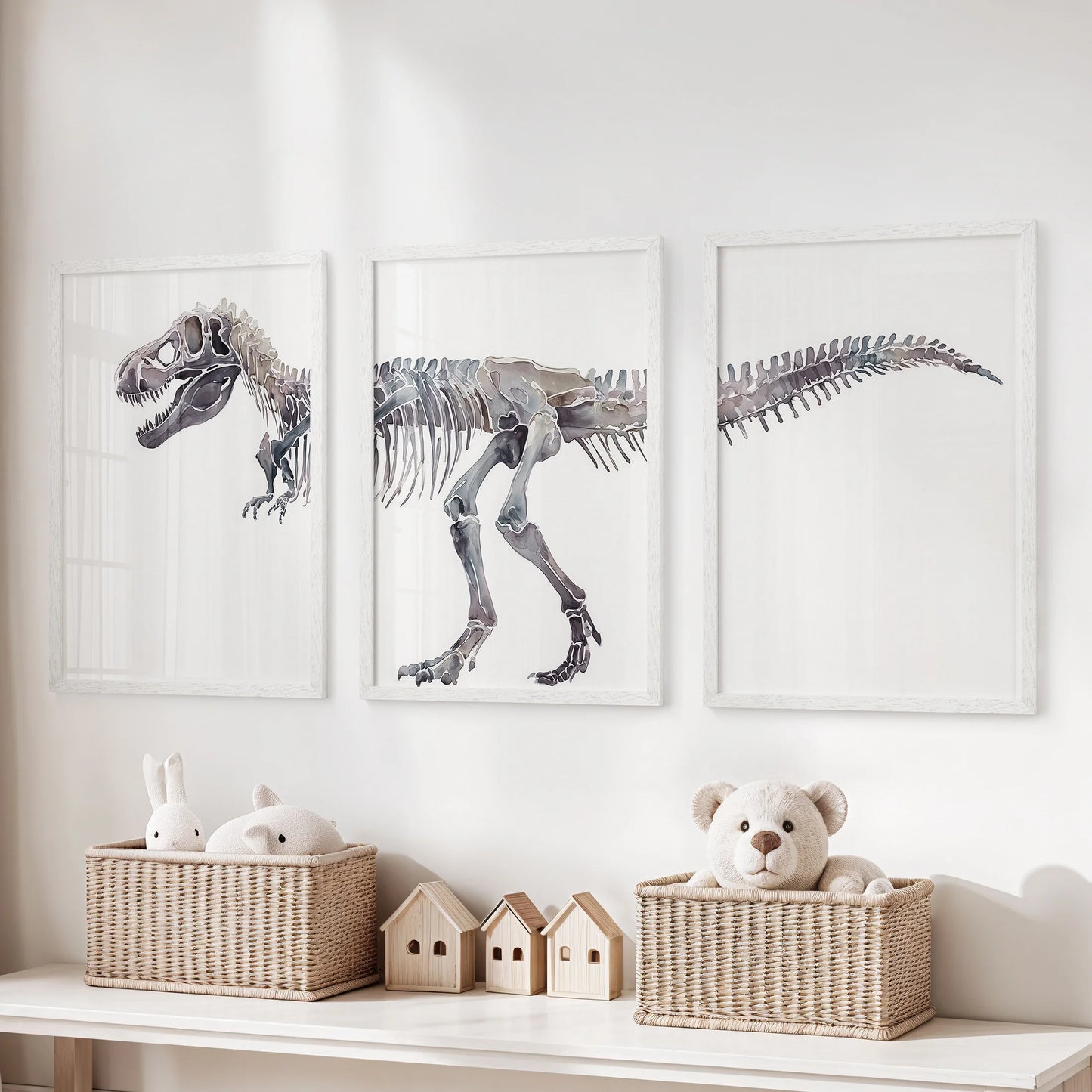 Tyrannosaurus fossil art posters, three-print set, liven up a kids playroom above the toy organizer in crisp white frames for tidy, teachable decor.