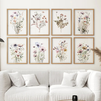 Watercolor floral prints in wood frames, soft botanical gallery wall set of 8 above couch
