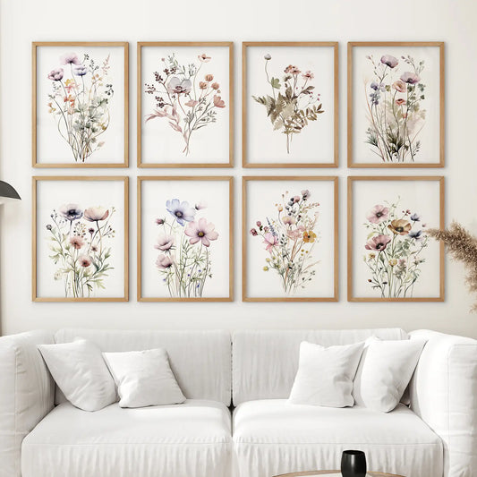 Watercolor floral prints in wood frames, soft botanical gallery wall set of 8 above couch