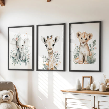 Animal nurser prints, set of three, in black frames for the playroom, hanging over the dresser as charming wall art.