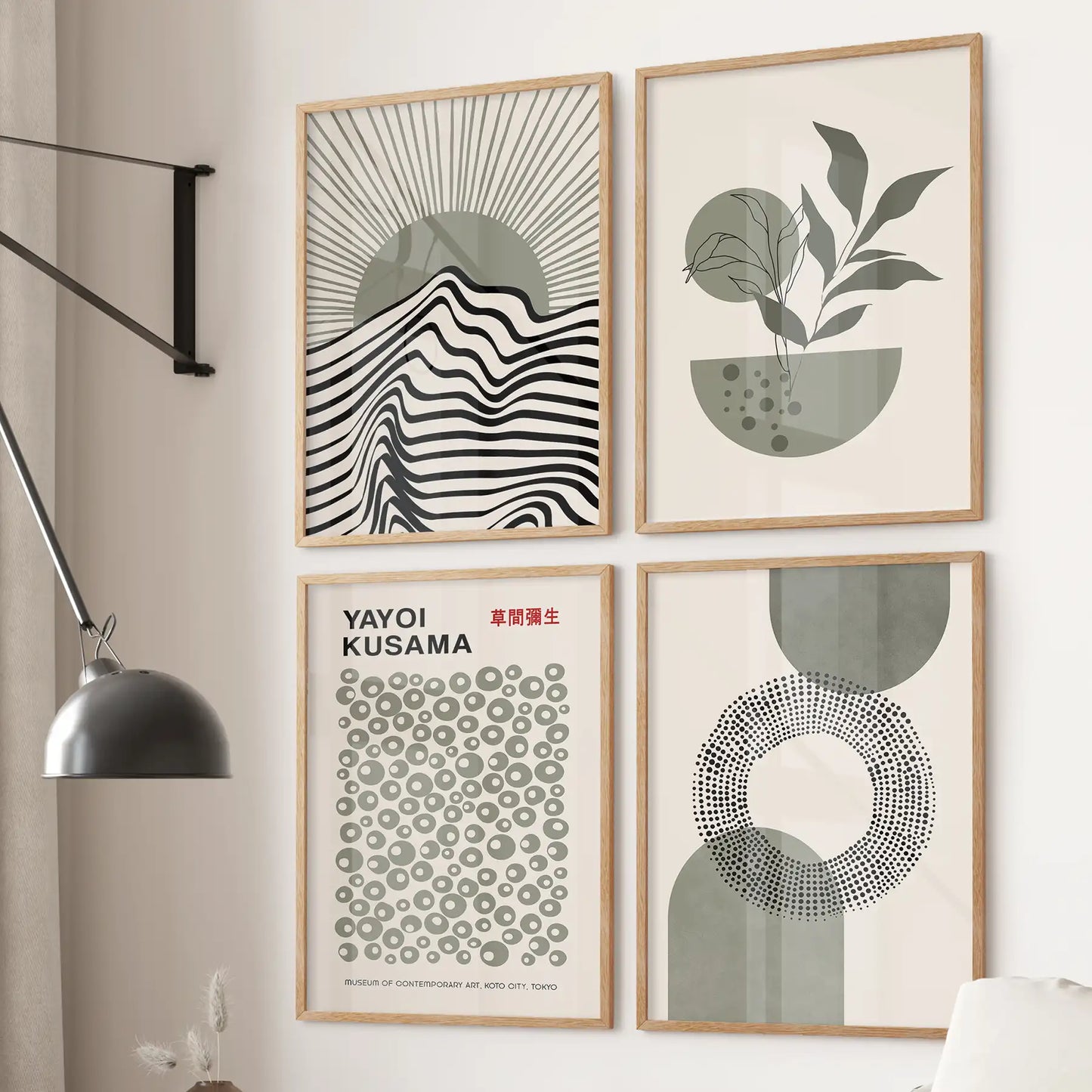 Yayoi Kusama inspired dot print and botanical minimalist wall decor. Thinwood frames for living room.