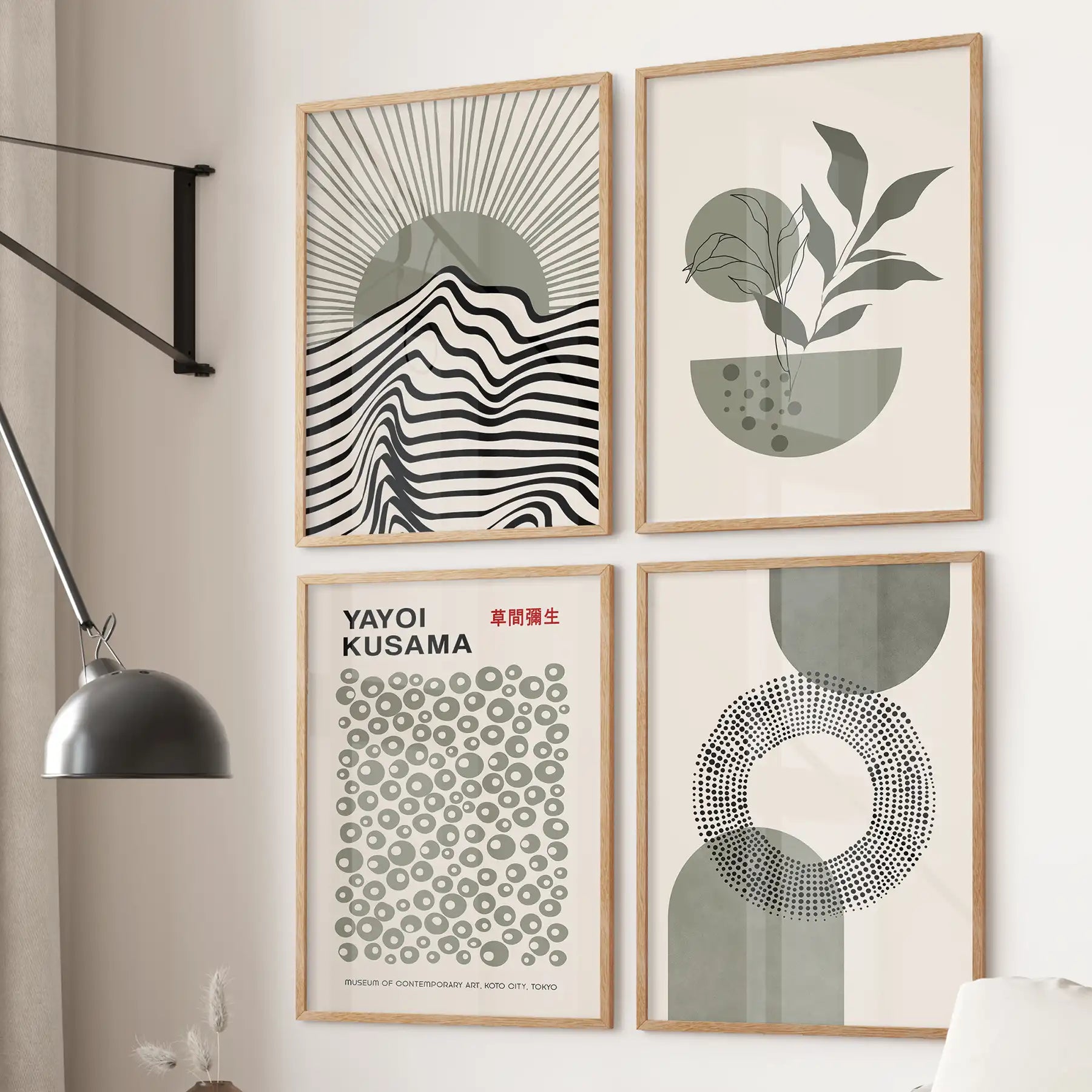 Yayoi Kusama inspired dot print and botanical minimalist wall decor. Thinwood frames for living room.