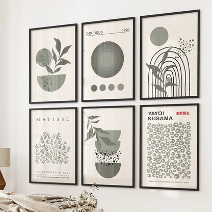 Bold sage green abstract art set of 6 in black frames for minimalist interiors