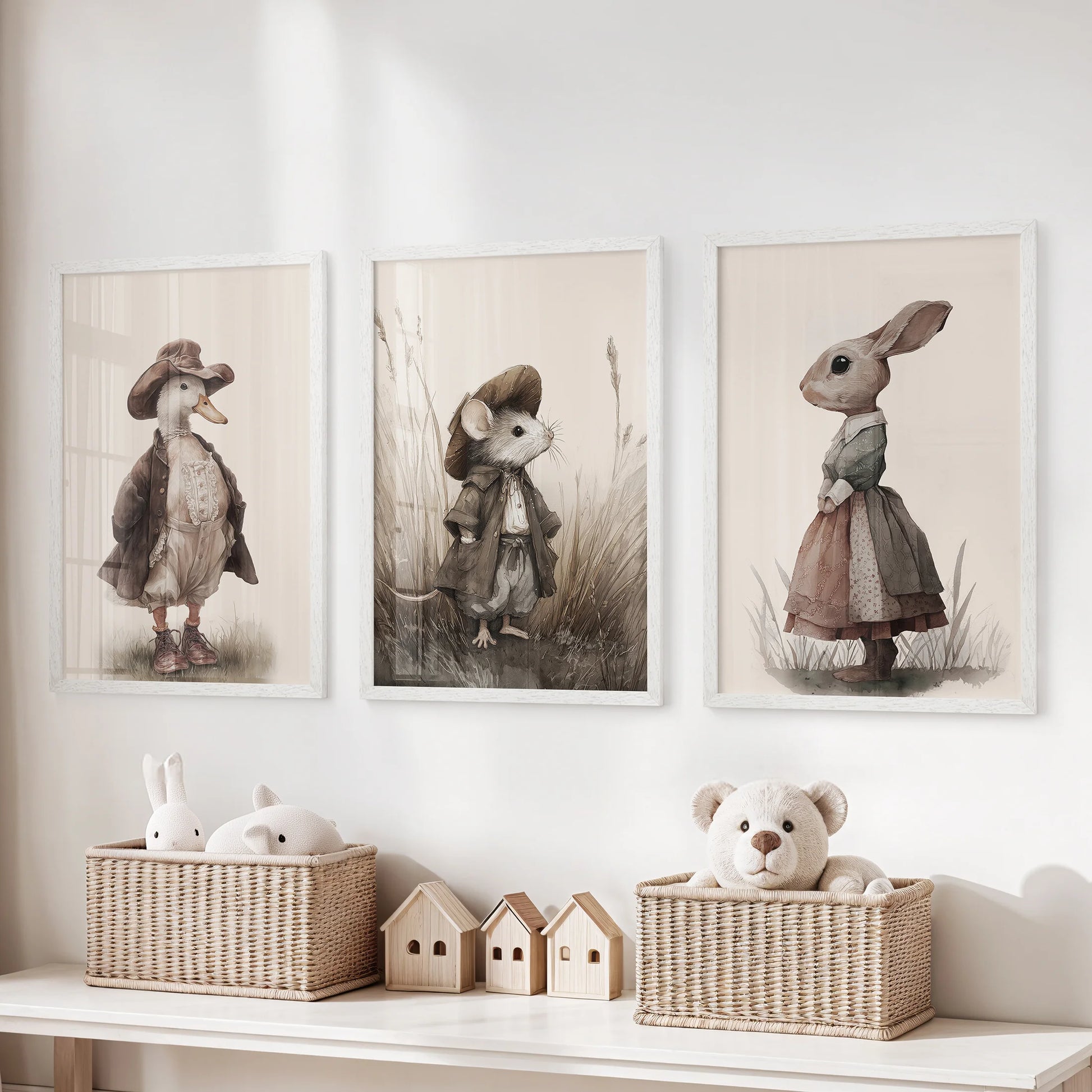 Farm animal trio wall art, three white-framed prints, sitting over the storage bench in a children's room for a rustic, storybook touch.