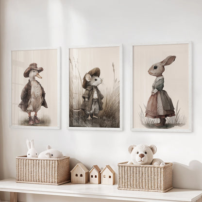 Farm animal trio wall art, three white-framed prints, sitting over the storage bench in a children's room for a rustic, storybook touch.
