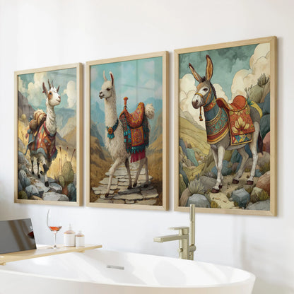 Large donkey art prints in light wood frames hang above the tub, a serene farmhouse set of three that calms the bathroom with rustic detail.