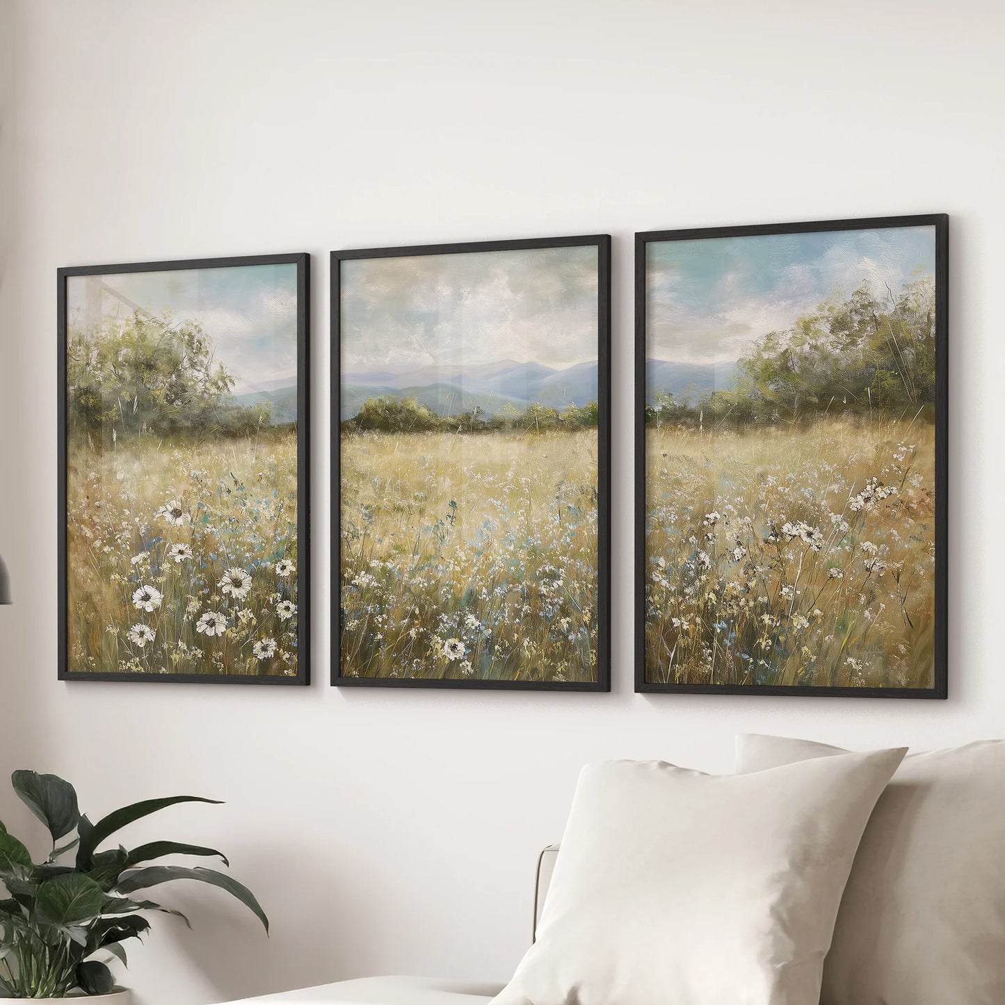 Vintage farmhouse countryside set of three framed landscape prints with black frames, ready for the sitting room wall over the sectional.