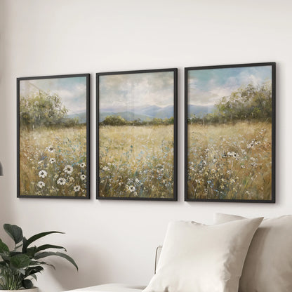 Vintage farmhouse countryside set of three framed landscape prints with black frames, ready for the sitting room wall over the sectional.