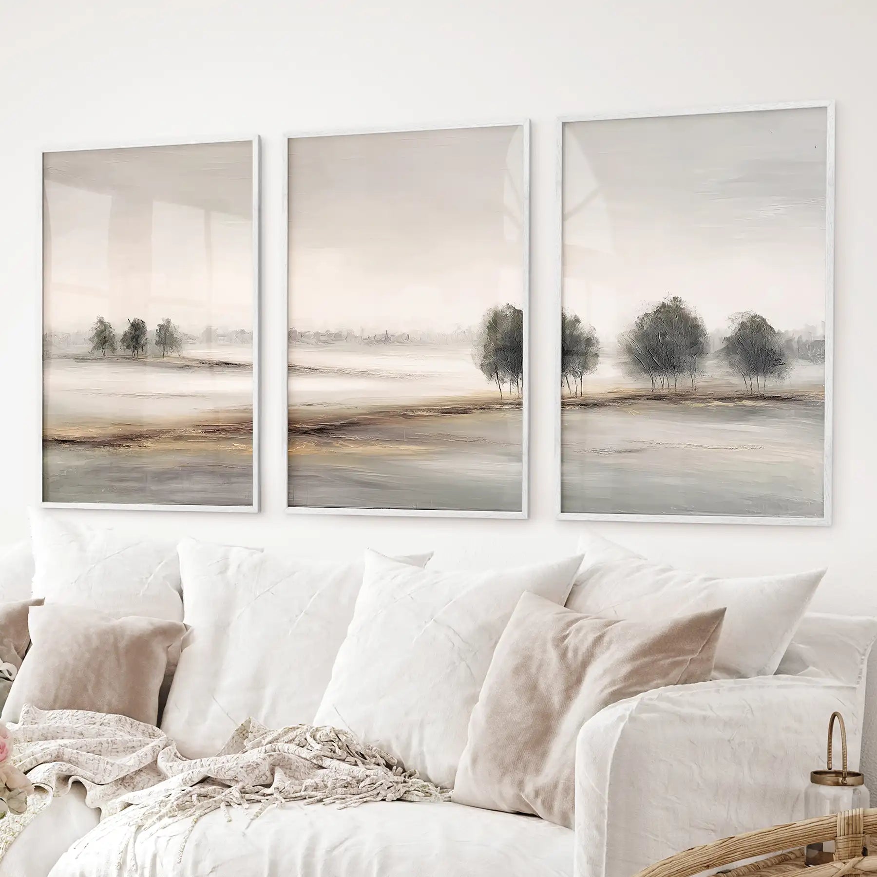 Abstract watercolor autumn landscape wall art set of 3. Nature minimalist decor. White frames above the sofa.
