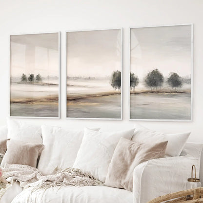 Abstract watercolor autumn landscape wall art set of 3. Nature minimalist decor. White frames above the sofa.