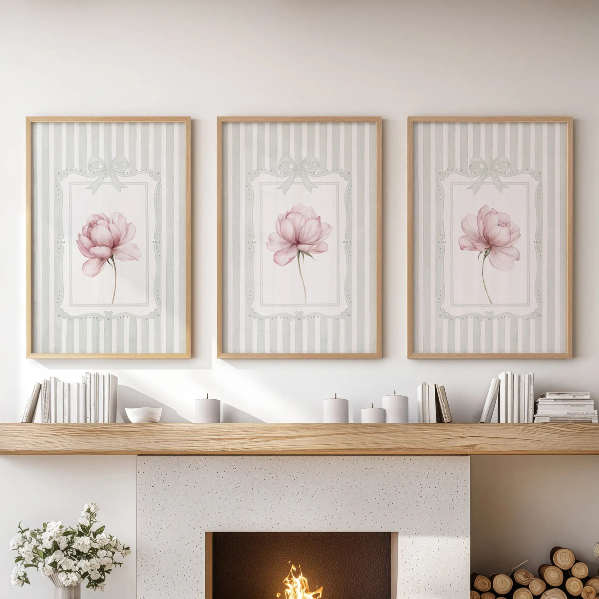 Pink peony wall art trio in oak frames, displayed above the mantel in a lounge.