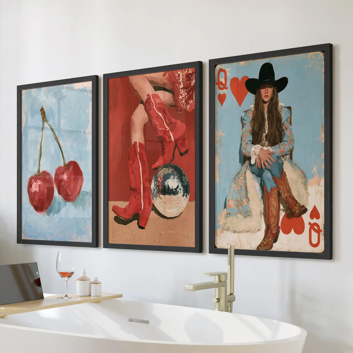Cowgirl boots wall art set of three in black framed prints, hung above the soaking tub to bring a flirty Western note to the bathroom.