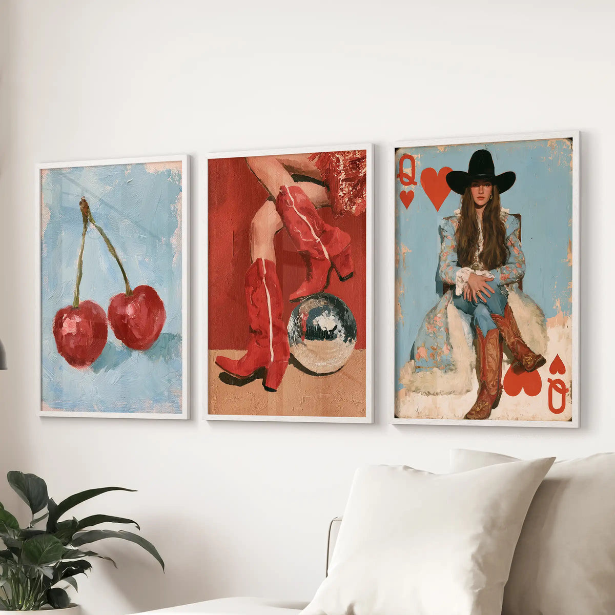Playing card ‘Lucky You’ art trio in white framed prints, arranged behind the couch to create a cheeky focal line in the living room.