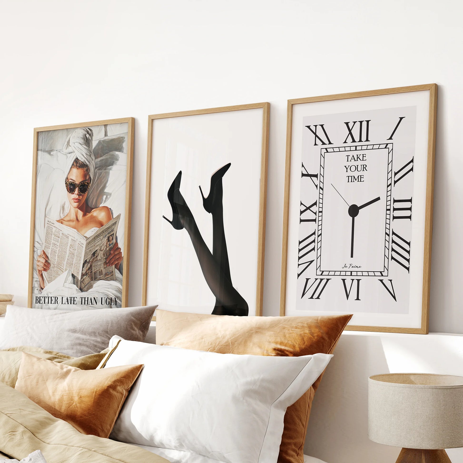 Retro coquette fashion collages, a 3-piece artwork set in warm wood frames, align over the headboard to lend luxe, feminine wall art to the bedroom.