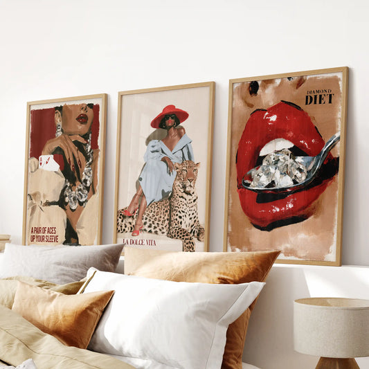 Femme fatale portraits, a 3-print wall set in natural wood frames, smolder above the bedroom headboard and lend cinematic polish.