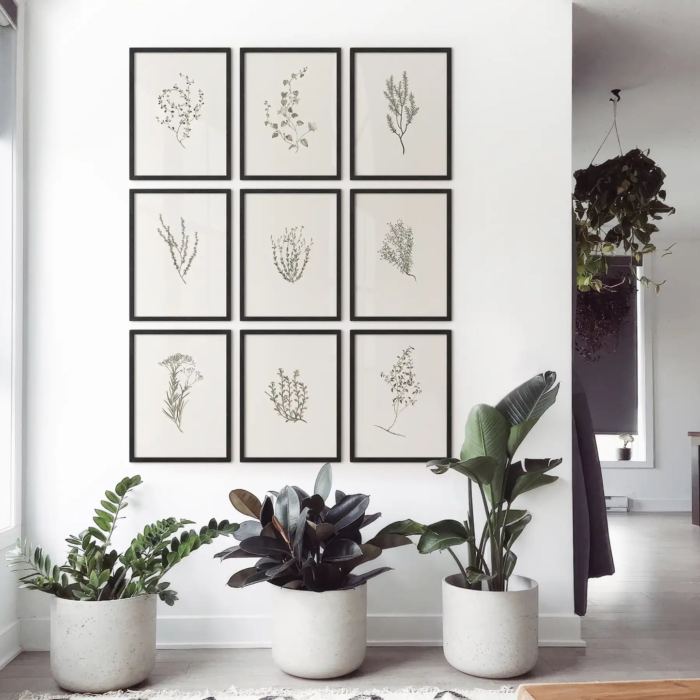 Neutral botanical poster with vintage wildflowers and leaves. Black frames for bedroom.