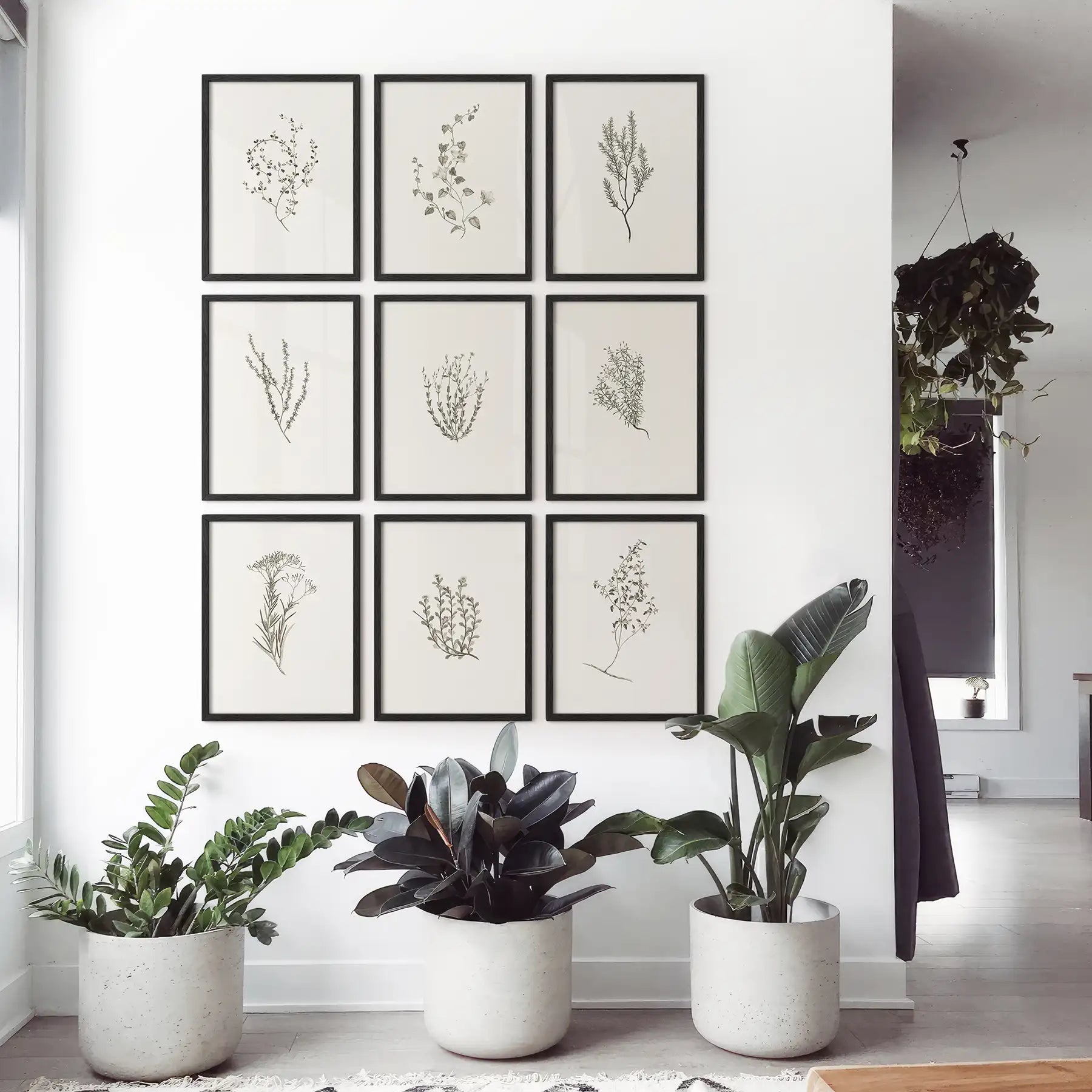 Neutral botanical poster with vintage wildflowers and leaves. Black frames for bedroom.