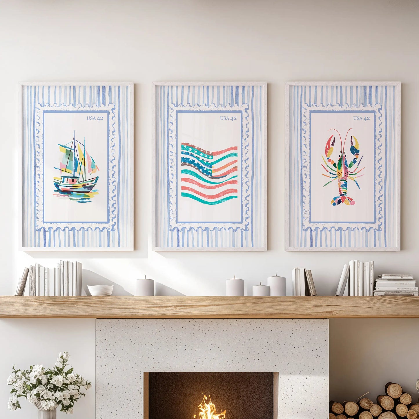Three fisherman-style wall prints in white frames line the wall over the hearth, creating breezy coastal character in the living room.