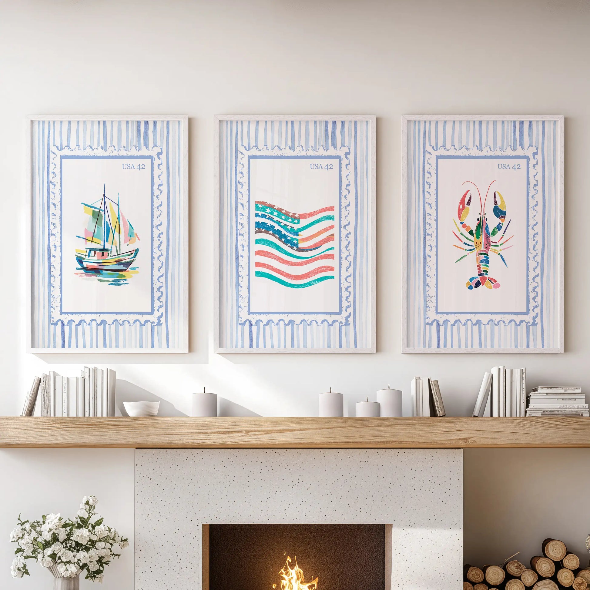 Three fisherman-style wall prints in white frames line the wall over the hearth, creating breezy coastal character in the living room.