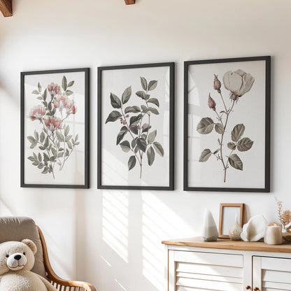 Vintage botanical flower prints, a three-piece wall art set, hang over the chest of drawers in a kids playroom in slim black frames for a cozy, curated feel.