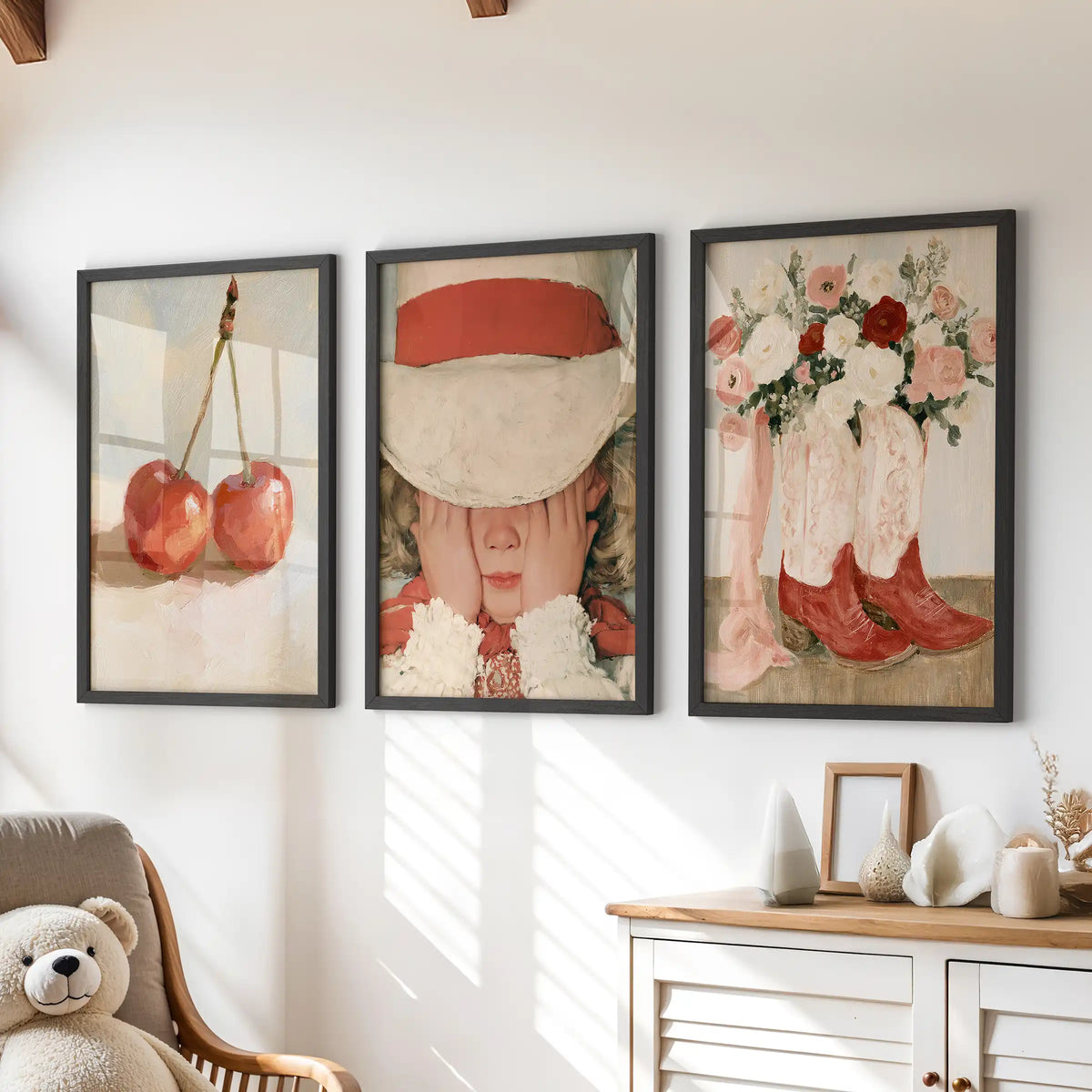 Cherry fruit prints, a three-piece wall art set in black frames, brighten the kids room and sit sweetly above the dresser.