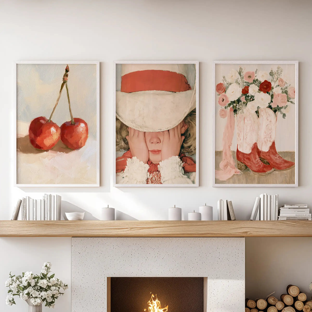 A set of three cherry fruit wall art prints in white frames livens the living room, hung neatly above the hearth.