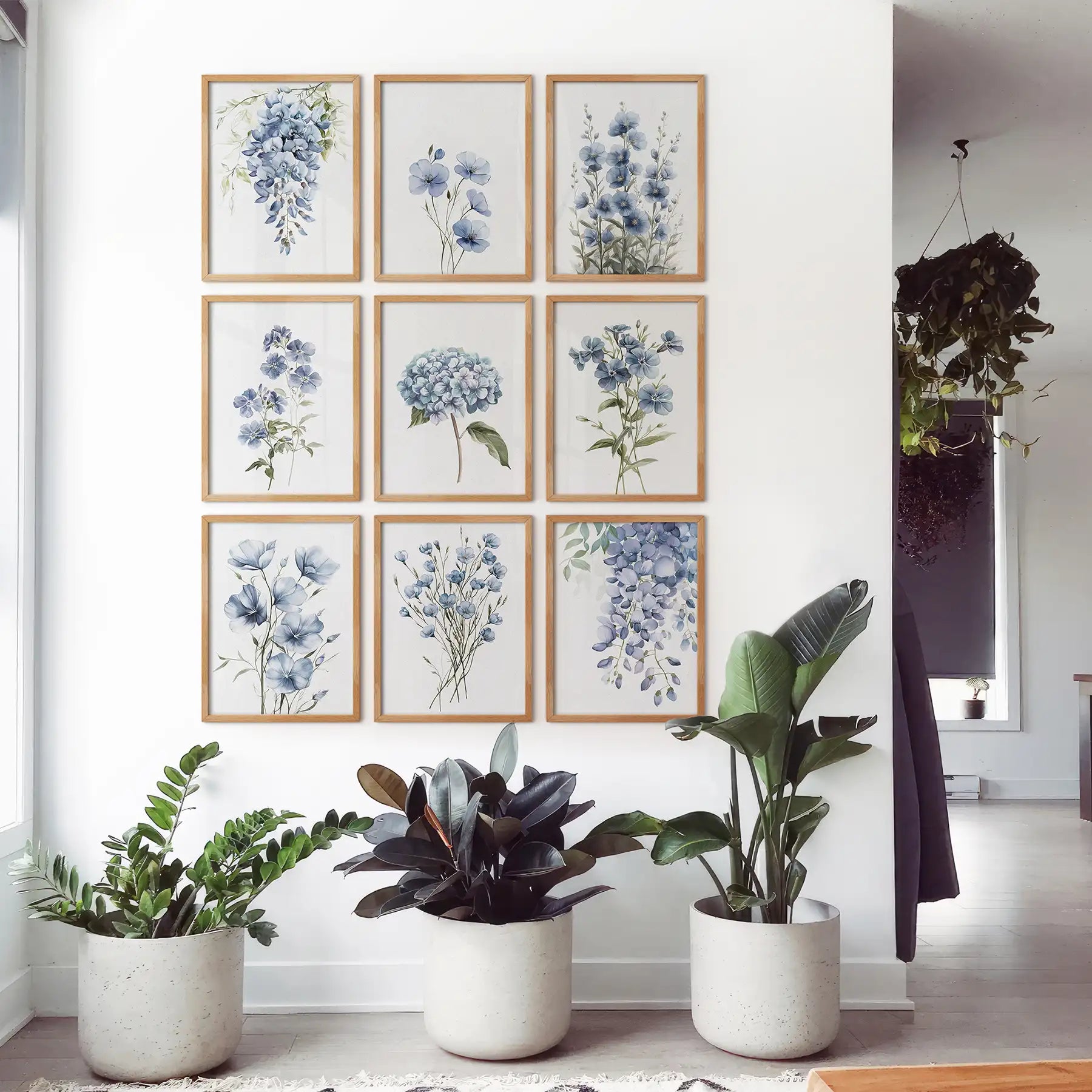 Watercolor flowers apartment decoration. Modern wildflowers poster print. Thinwood frames for living room.