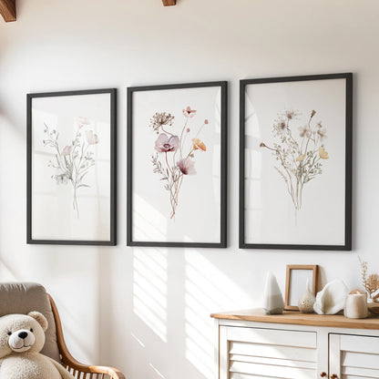 Watercolor wildflowers wall art, set of three, in black frames adds a gentle pop to a children's room when hung above the dresser.
