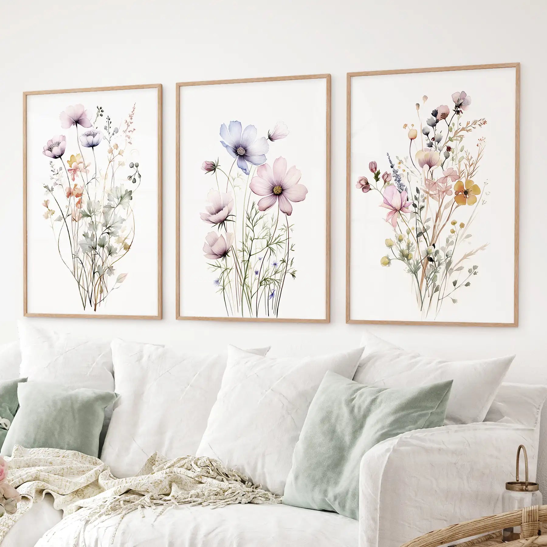 Watercolor wildflower art set of 3 with soft pastel tones. Lavender, Poppies, Anemones flowers decor. Thinwood frames over the couch.