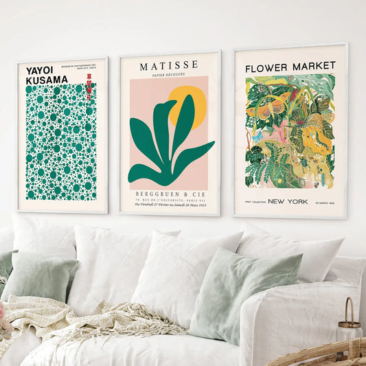 White framed gallery trio with bold modern prints in vibrant colors