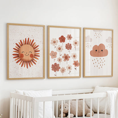Floral, sun nursery print, three wall art pictures in oak frames, arranged over the crib to bring a gentle, nature-inspired feel to the infant room.