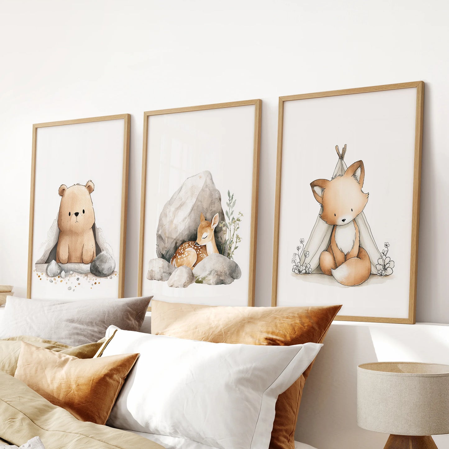 Teddy bear art, a 3-print wall set in thin wood frames, perches neatly over the bed headboard to add a soft, storybook note to the bedroom.