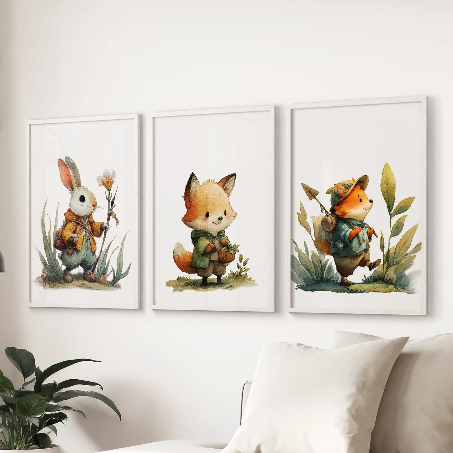 Gallery of three white-framed forest animal prints arranged above the couch brings playful warmth to the family room.