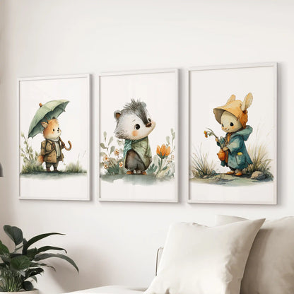 A lighthearted trio of fox, bunny, and hedgehog prints in white frames lends a playful note to the lounge, perfectly arranged over the couch.