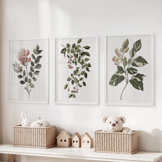 French country botanicals, a set of three posters in white frames, float above the toy organizer to keep the children's room airy and refined.