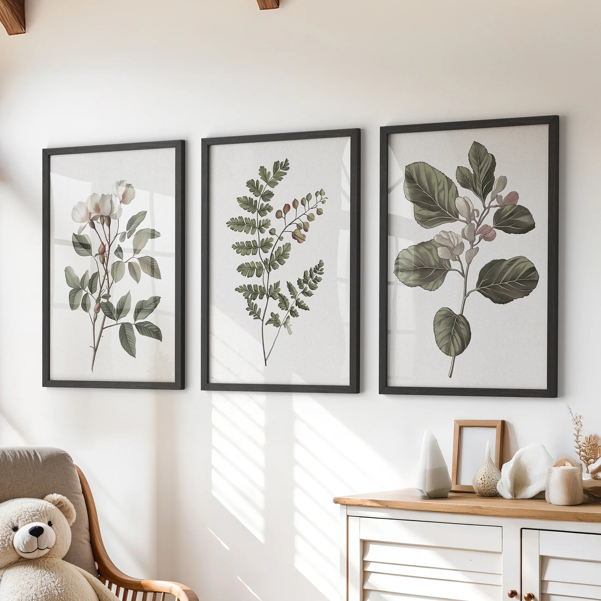Vintage Home Decor – Botanical Wall Art Set of 3 Natural Wood / No Border / 24x36 Inches, image size:1946x1946