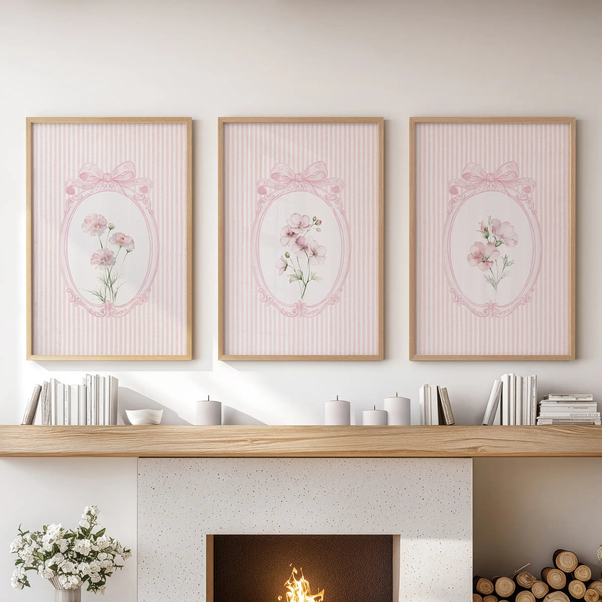 French pink florals in three-piece wall art, oak framed over the hearth in a family room.
