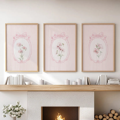 French pink florals in three-piece wall art, oak framed over the hearth in a family room.