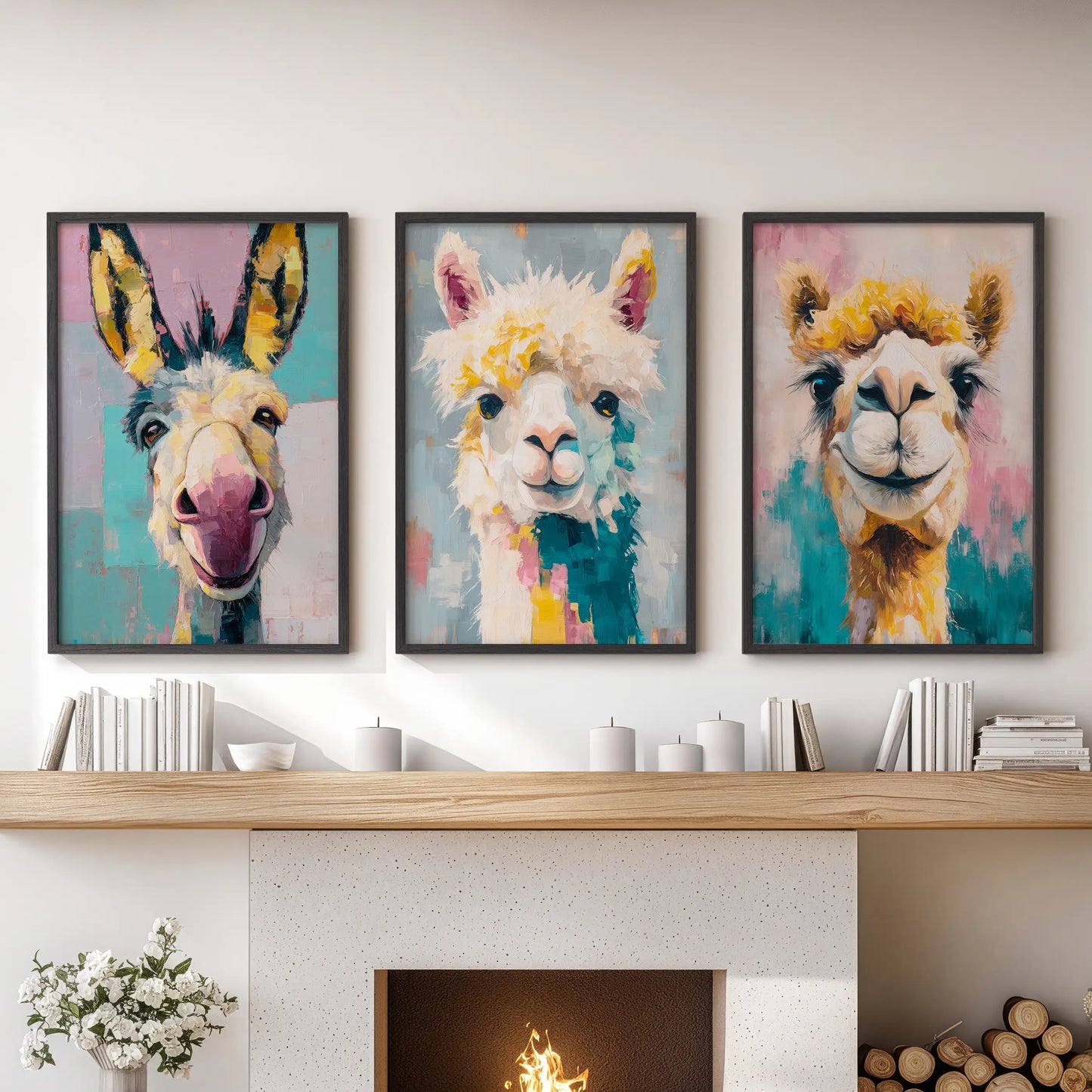 Above the mantelpiece, a set of three camel prints in sleek black frames brings bright, eclectic charm to the sitting room.