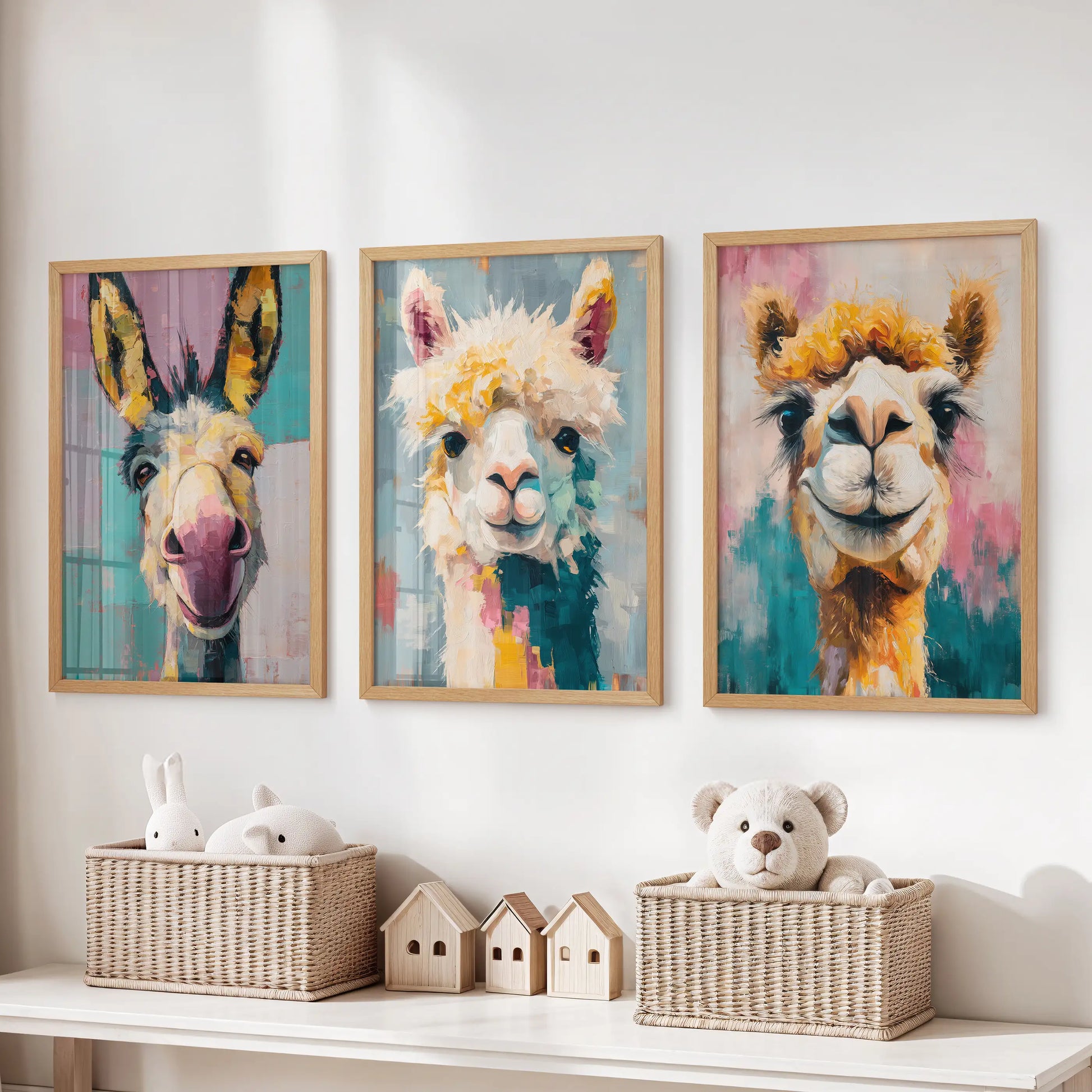 Vibrant llama portraits wall art trio set with a warm wood frame sits above the toy organizer, sparking cheerful energy in the kids room.