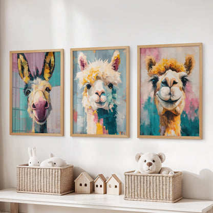 Vibrant llama portraits wall art trio set with a warm wood frame sits above the toy organizer, sparking cheerful energy in the kids room.