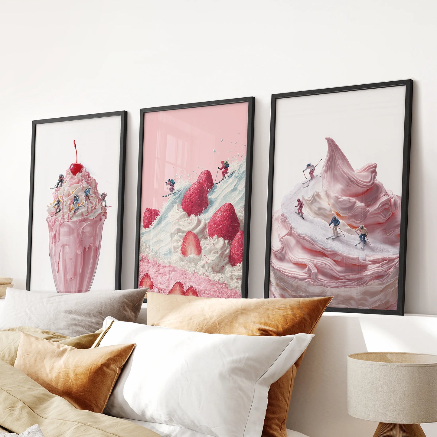 Pink dessert wall art, a 3-piece set in black frames, hangs cleanly above the bed headboard to bring playful winter motion into the bedroom.