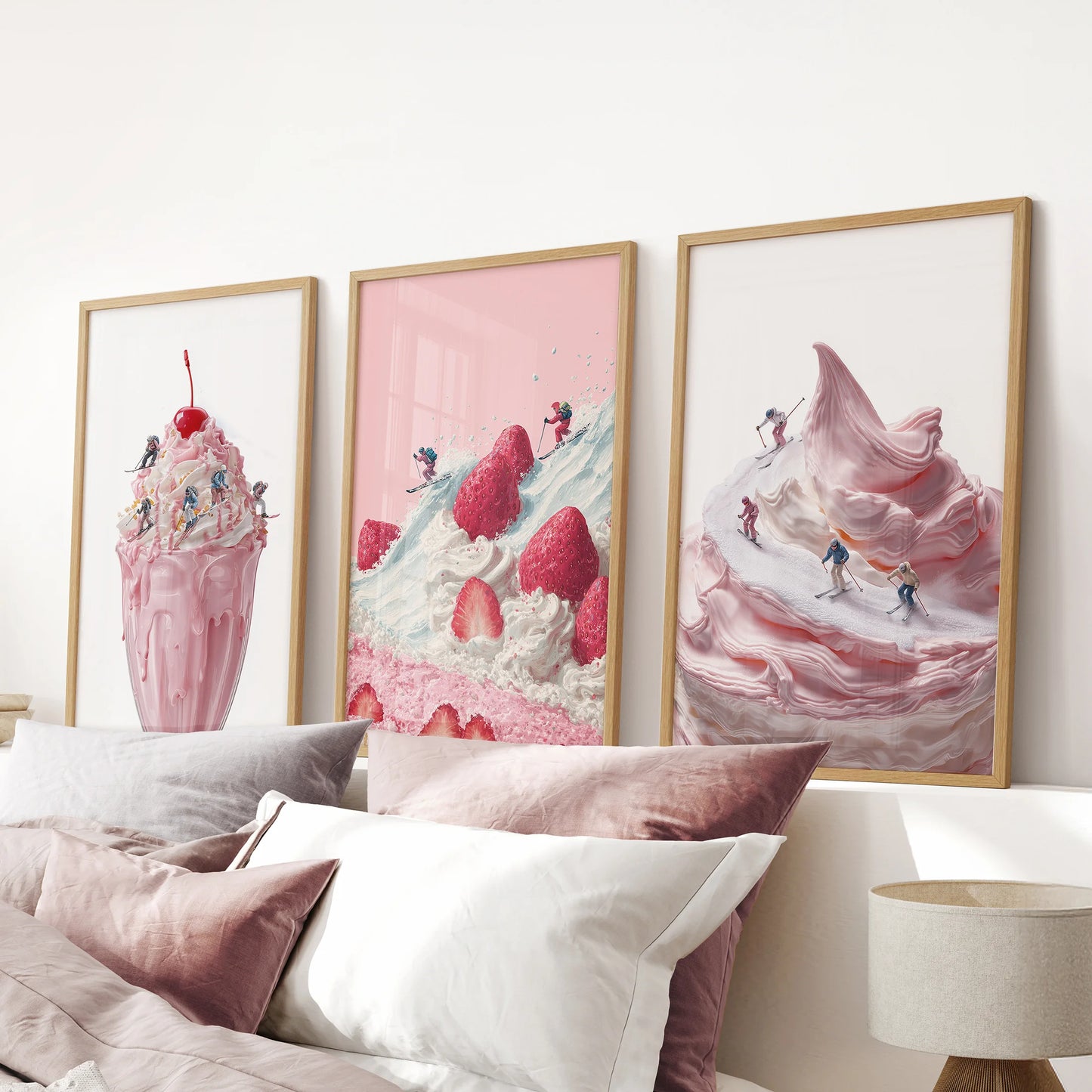 Vintage cake slice wall art, a 3-print set for a pink bedroom, sized to hang over the bed headboard in warm natural wood frames.