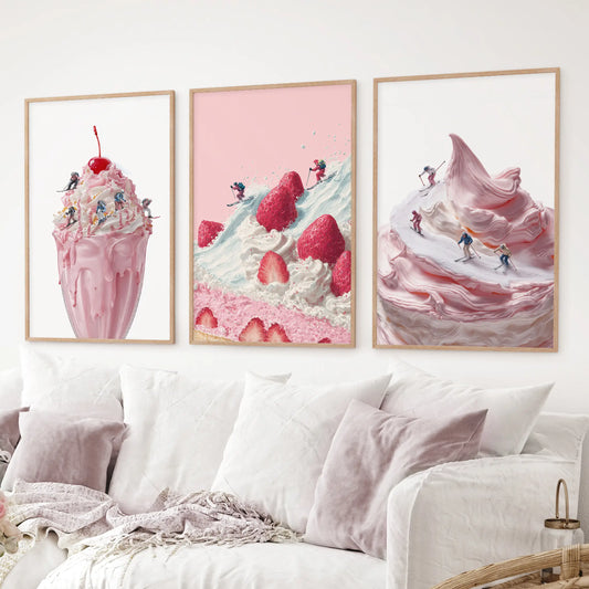 Dessert wall art set of 3 skiers on milkshake, strawberry cake, and whipped cream. Thinwood frames over the couch.