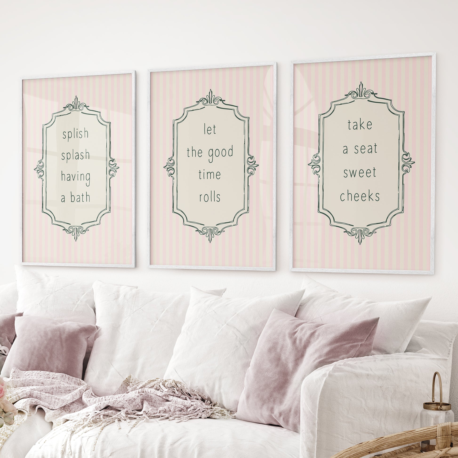 Playful bathroom typography posters. Bath rules posters. White frames above the sofa.